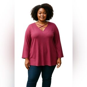 LONG SLEEVED V NECK TEE Caged Burgundy Size XXL